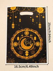 50pcs Eid Mubarak Plastic Gift Bags, Black & Gold Crescent Moon & Lantern Print Design With Handle, Suitable For Eid Celebration Events - Multicolor - View 2