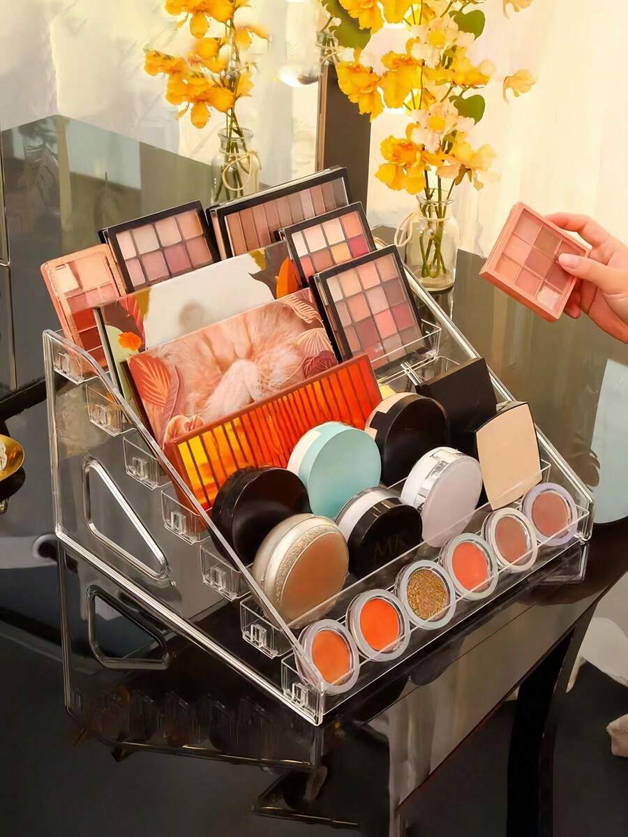 1 pieza Estantería de almacenamiento transparente con estilo de escalera para joyas y cosméticos, soporte de almacenamiento transparente de acrílico multifuncional, adecuado para exhibir perfumes, lápices labiales, esmaltes de uñas, paletas de sombras de ojos, soporte de exhibición multifuncional, accesorios de baño