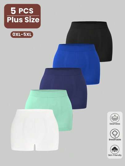 5pcs Plus Size Women Solid Color Seamless Elastic Briefs, Comfortable Breathable Hipster Panties