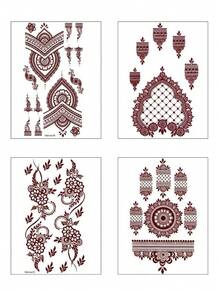 4张海娜临时纹身贴纸，防水棕色手部纹身贴纸，适合女孩婚礼、穆斯林服饰、节日、情人节派对等场合。