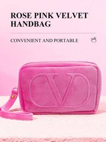 Valentino Pink Cosmetic Pouch With Detachable Satin Strap, Soft Velvet Makeup Bag Featuring Signature VLogo Medallion & Metal Zipper Pull - Hot Pink - View 5
