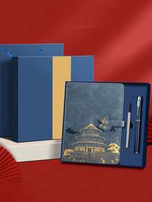 Customized Text/Logo A5 Notebook Gift Set, Includes Notebook + Pen + Refill + Gift Box. Notebook And Pen Can Be Customized With Your Desired Text. Available As Single Notebook Or Full Set. Premium Faux Leather Notebook With Embossed Landscape Design, 100 Pages, Soft Touch PU Cover - Multicolor - View 18