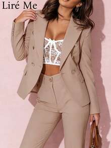 Liré Me Women's Professional Suit Long-Sleeve Double-Breasted Solid Color Stand Collar Blazer - 卡其色 - 查看 2