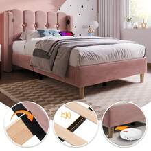 Upholstered Single Bed With USB Type-C Charging Function, Bed Frame With Slatted Base, Upholstered Bed In Pink, 90 X 200 Cm Bed Frame, Youth Bed For Bedroom/Guest Room - Velvet - Hot Pink - View 9