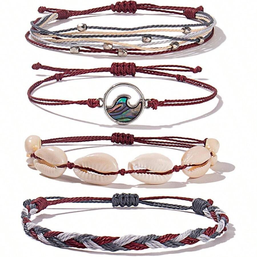 FANCY SHINY Wave String Bracelets Braid Puka Shell Bead Bracelets Handmade Cute Boho Easter Jewelry Gifts For Women - Burgundy - View 1
