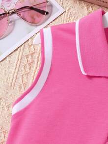 Girls' Polo Collar Short Sleeve Casual Printed Dress - Pink - View 4