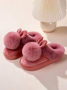 New Autumn/Winter Single Ball Rabbit Warm Slippers, Unisex Couples Solid Color Indoor Non-Slip Backless Slippers, Valentine's Day Gift - Red - View 3