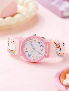 1pc Cute Quartz Watch With Lovely Pink Horse Print Strap, Suitable As Birthday, Year-End Promotion, Christmas Gift