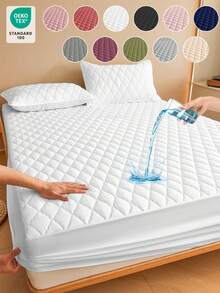 1pc Solid Color Waterproof Bed Sheet, Bedding, Fitted Sheet, Waterproof Mattress Cover, Soft And Comfortable Bedding For Bedroom, Skin-Friendly Mattress Protector, Dustproof And Moisture-Proof Mattress Protective, Multiple Colors Available, Ultrasonic Diamond-Patterned Fitted Sheet For All Size Bed Twin Full King Queen Size, Bedding Gifts, Polyester Fitted Sheet