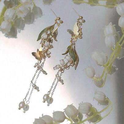 2pcs Fashionable, Sweet, Romantic, Delicate Metal Maxi Butterfly, Lily Of The Valley & Leaf Tassel Earrings, Suitable For Women's Daily, Vacation, Party Wear