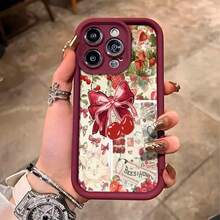 Funda de teléfono con diseño de mariposa de fresa y estilo artístico minimalista. Para Galaxy S21/S22/S23/S24/S25 Plus/Ultra,  11/12/13/14/15/16 mini/pro/plus/promax - Burdeos - Ver 1