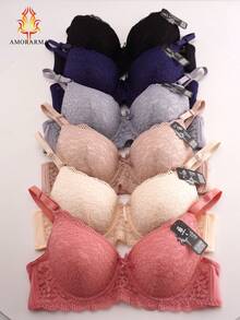 6 pcs Sujetadores para mujer de copa B, Sujetador de lujo, fashionable, elegante y sexy para uso diario y casual, para mujer, con estampado floral, de encaje, con efecto de reuniendo y soporte, y dotado de armazón metálico. - Multicolor - Ver 3