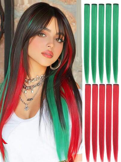 10 PCS Colored Clip In Hair Extensions - Highlighted Hair Piece Straight Synthetic Clip In Hairpieces For Women Party Highlights Colorful Hair Accessories Halloween New Year Gifts For Gril