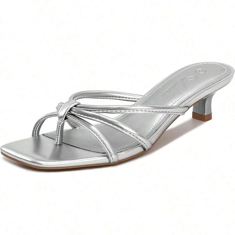 Athlefit Women's Strappy Kitten Heels Square Toe Flip Flop Low Heels Slip On Thong Heeled Sandals - 銀色 - 查看 1