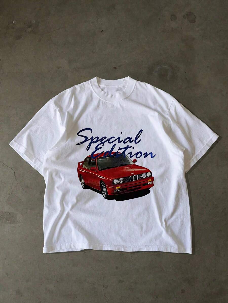 Special Edition Red Car Graphic Tee Premium Vehicle Print Casual Fashion Top,Comfortable Casual Short Sleeve, 220 Grams Heavyweight Cotton Printed T-Shirt - White - View 1