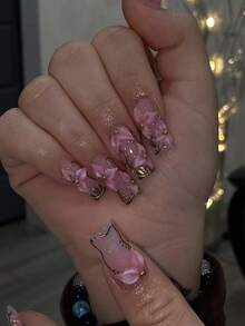 10片粉色花瓣Y2K美甲贴纸，方形金色纹理3D雕刻美甲贴，饰以金色珠子，精致手工美甲贴片，简约百搭，高端品质，适合日常佩戴，按压式美甲贴片，美甲配件，美甲用品，手工按压式美甲贴片 - 彩色 - 查看 2