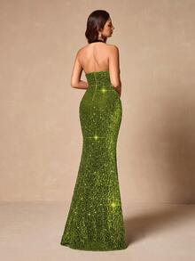 优雅女士绿色亮片V领露背连衣裙，高开衩设计，夏季派对鸡尾酒礼服 - 綠色 - 查看 3