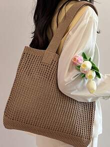 夏季时尚度假沙滩包，优雅白色女士手提包，钩编女士托特包，午餐包，单肩包，旅行必备，邮轮必备，适合休闲、度假、购物以及搭配商务休闲装，适合女性、大学生，母亲节礼物，婚礼新娘伴娘礼物 - 淺卡其色 - 查看 4