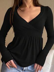 Women Y2k Fairy Grunge Ribbed T Shirt Top Long Sleeve Lace Trim V Neck Babydoll Flowy Tee Shirts Tops With Thumb Hole Spring Fall Teen Girls Going Out Tops Vintage Aesthetic 2000s Clothes - 黑色 - 查看 2