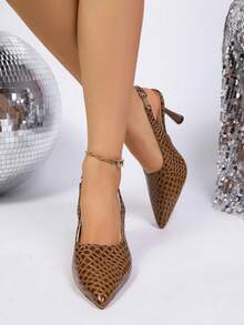 Modische Retro-Spitzschuh-Pumps für Damen, einfarbig, schlicht, personalisiert, mit schicker Alligatorprägung, Slip-On, High Heel - Braun - Übersicht 3