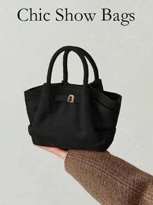 欧美小众设计麂皮水桶包，带扣设计，女士街头风手提包，适合秋冬季购物、通勤、聚会、送礼等场合，最新时尚麂皮包 - 黑色 - 查看 2