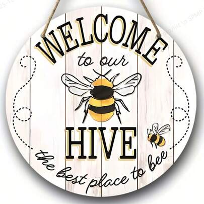 1pc, Bee Welcome Sign, Round Plaque Decor, Hanging Wooden Plaque, Wooden Sign, Wooden Tag, Wall Decor, Room Decor, Home Decor, Restaurant Decor, Bar Decor, Cafe Deco