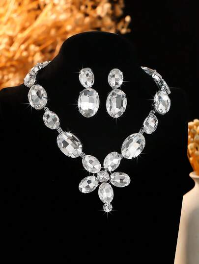 Women's Wedding Jewelry Set - Sparkling Crystal Necklace & Earrings Set, Elegant Choker 2 Pieces Set, Transparent Crystal Jewelry Set, High-Value Date/Photo Shoot Accessories, Luxury Jewelry, Suitable For Gifts, Parties, Birthdays, Princess Surprise