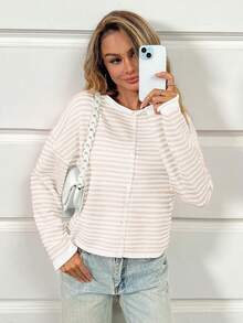 Women's Striped Cardigan Long Sleeve Open Front Button Down Lightweight Loose Knit Fall Winter Sweater - 白色 - 查看 5