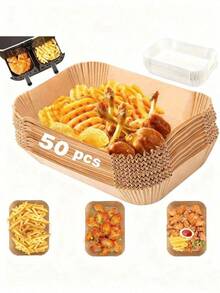50/100 piezas Forros desechables antiadherentes para freidora de aire Moroder - Rectangulares, papel de hornear a prueba de aceite e impermeable, adecuado para freidoras de aire de doble capa, excelente para freír papas fritas, nuggets de pollo, alitas y talla grande. - Multicolor - Ver 2