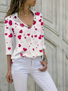 Camisa casual de mujer de talla grande con estampado de corazón | Abotonadura sencilla, manga larga, cuello de solapa, bajo no convencional - Blanco - Ver 4