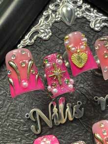 10件套短鸭嘴美甲亚克力套装，玫瑰红和粉色美甲，玫瑰红法式，粉色扎染设计，波西米亚公主风装饰音乐节北欧全覆盖贴片美甲套装，3D立体珍珠、心形、星星、彩色钻石及其他美甲配件装饰 - 玫紅色 - 查看 7