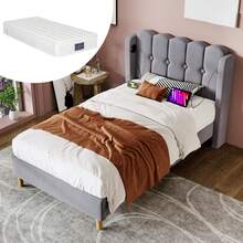 Upholstered Single Bed With USB Type-C Charging Function, Bed Frame With Slatted Base, Upholstered Bed In Grey, 90 X 200 Cm Bed Frame Youth Bed For Bedroom Guest Room - Linen Material (With Mattress) - Grey - View 10