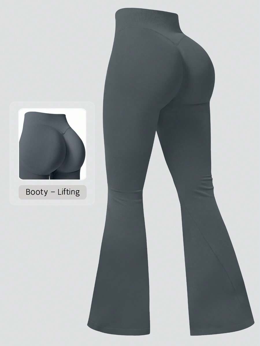 NcmRyu 1Pc Women'S Solid Color Seamless Minimalist High Waist Elastic Butt Lifting Flared Sports Pants Tights Spring - Grey - View 1