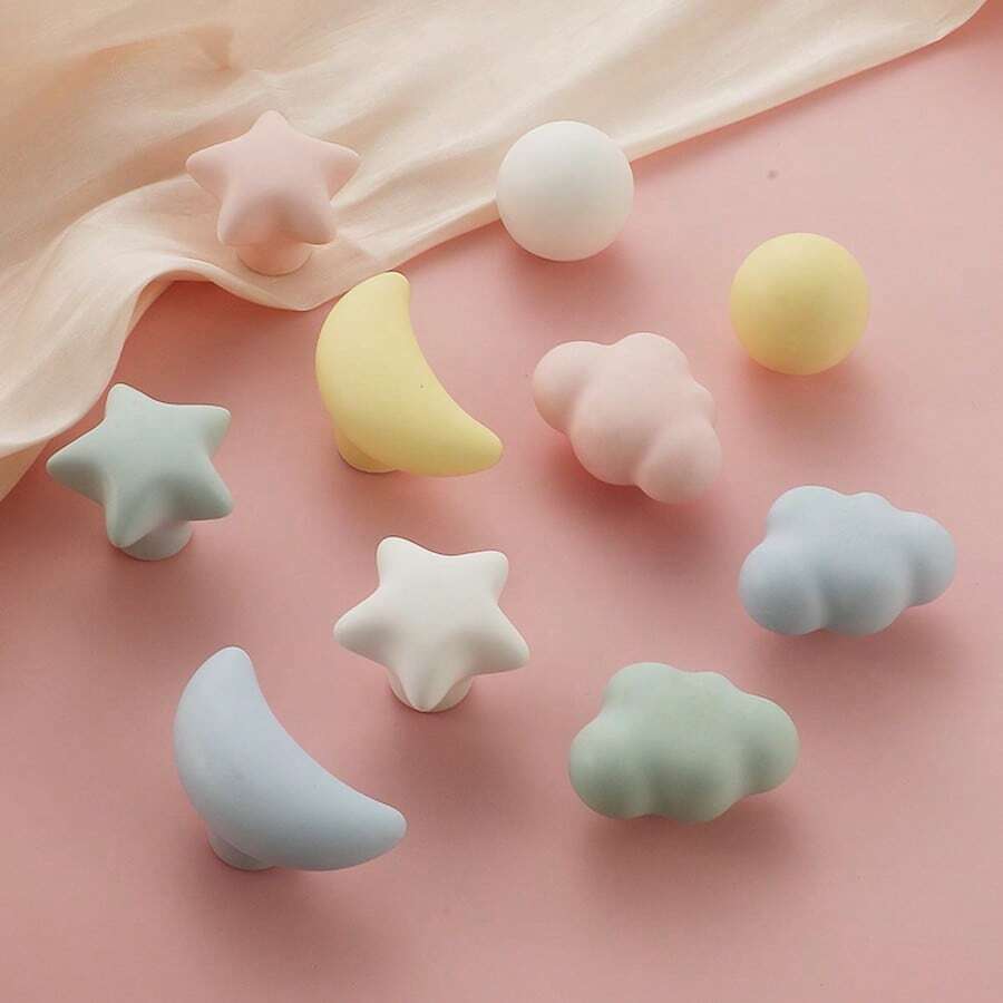 1 pieza Tirador de cajón con un solo orificio, Perilla de puerta de gabinete/armario, Forma de nube, estrella y luna de estilo nórdico de cerámica color macaron, Adecuado para dormitorio/baño/cocina/tocador