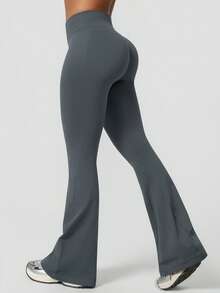 NcmRyu 1Pc Women'S Solid Color Seamless Minimalist High Waist Elastic Butt Lifting Flared Sports Pants Tights Spring - Grey - View 6