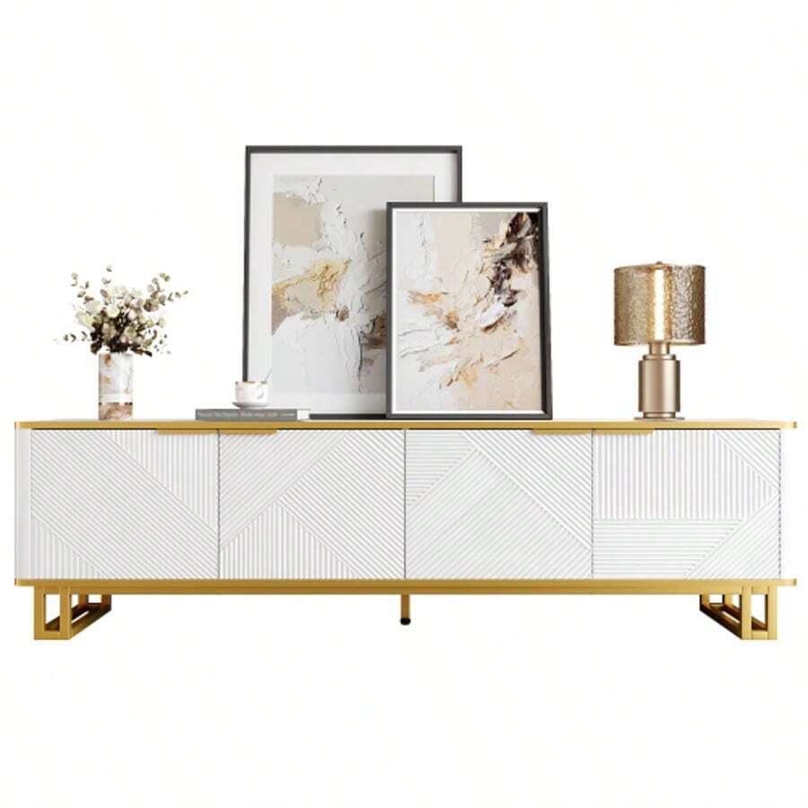 TV-Schrank Mit Vier Türen, TV-Ständer, TV-Paneel, Niedriger TV-Ständer. Einzigartiges Design, Geometric Textur. 160 X 37.5 X 48cm (L X W X H) - White - View 1
