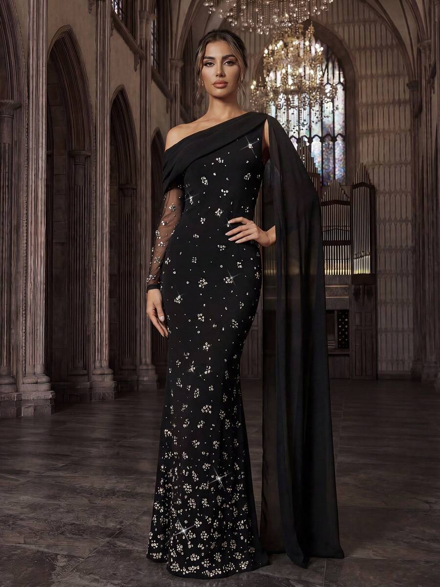 优雅奢华水钻派对正式礼服，水钻热钻鸡尾酒晚宴晚礼服，纯色不对称领长袖长款连衣裙，适合婚礼、黑色春季穿着。 - 黑色 - 查看 1