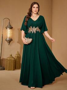 UNITHORSE V-Neck Ruffle Sleeve Waist Applique Chiffon Evening Gown Dress - Dark Green - View 4