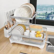 Encimera de cocina estante de secado de platos, estante de acero inoxidable 304 de 2 niveles con tabla de drenaje ajustable, soporte de vasos extraíble, soporte para utensilios - 2 niveles - Blanco - Ver 1