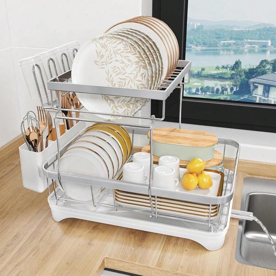 Encimera de cocina estante de secado de platos, estante de acero inoxidable 304 de 2 niveles con tabla de drenaje ajustable, soporte de vasos extraíble, soporte para utensilios - 2 niveles - Blanco - Ver 1