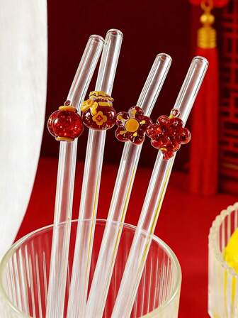 1/2PCS Oriental Glass Straw Set - Handcrafted Bent Straws With Traditional Designs And Cleaning Brush For Boba Tea, Coffee & Cocktails. Creates Festive Atmosphere For Chinese New Year Celebrations And Weddings. Perfect Cultural Gift For Collectors. Ideal For Tea Houses And Cultural Events.