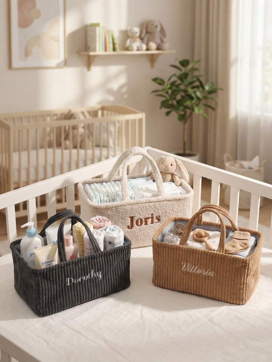 1pc Personalized Solid Color Baby Name Diaper Storage Basket - Ideal Newborn Gift! Customized Embroidered Baby Name Basket, 2-In-1 Storage & Gift Box, Essential For New Parents, Newborn Autumn/Winter Gift, Holiday Gift Choice, Son, Daughter,Christmas Gift