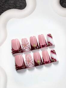 10pcs French Press-On Nail Stickers, Handmade Pinched Flower Decor, Water Drop Nail Stickers, Star Nail Accessories, White Gel Nail Polish, Purple-Red Nail Polish, Mature & Steady, Includes Tool Kit, 3 Sizes Available: Almond, Duck Mouth, Coffin Shape, Suitable For Women & Girls, Autumn/Winter, Party Nail Supplies Nails - 彩色 - 查看 13