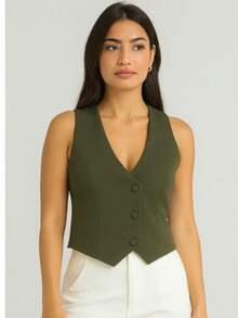 Women's Short Lined Tailored Vest With Buttons, Formal, V-Neck - Dark Green - View 2