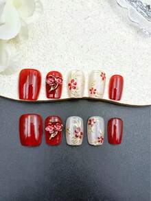 10片手工美甲贴纸，红色短梯形，香氛风格，法式美甲，按压式美甲贴，适合新年、情人节、UV灯美甲、夏季、日常佩戴，优雅设计，高端法式风格，凝胶指甲油，闪粉，猫眼效果，金属光泽，全覆盖假指甲贴纸，美甲用品 - 紅色 - 查看 8