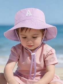 1顶可爱浅紫色儿童渔夫帽 - 宽帽檐防紫外线，A-Z刺绣字母贴片，可调节下巴带，适合夏季沙滩公园户外活动，幼儿适用 - 淺紫-貼片字母 - 查看 3