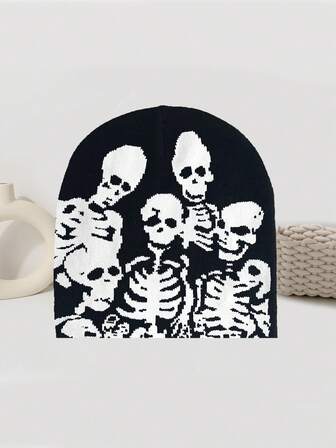 1 st unik stickad mössa med Y2K-motiv och dödskalle, varm och lämplig för höst/vinter, vinterkläder