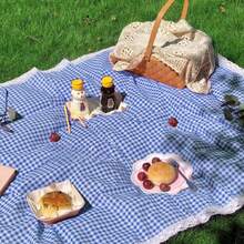 1pc Picnic & Outdoor Portable Mat, Linen Material, Gingham & Lace Decor, Camping & Photography Prop