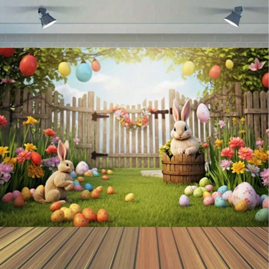 Easter Party Background Banner, Spring Easter Bunny, Colorful Eggs And Green Grass Yard Photo Background, Rabbit Photography, Easter Egg Hunt Game Supplies, Easter Party Decorations - Multicolor - View 1