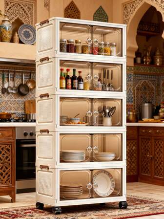 1个38厘米-58厘米宽可折叠储物柜，1-5层可选，加厚双门带轮，家用免组装储物架，衣物玩具收纳架，塑料折叠储物柜